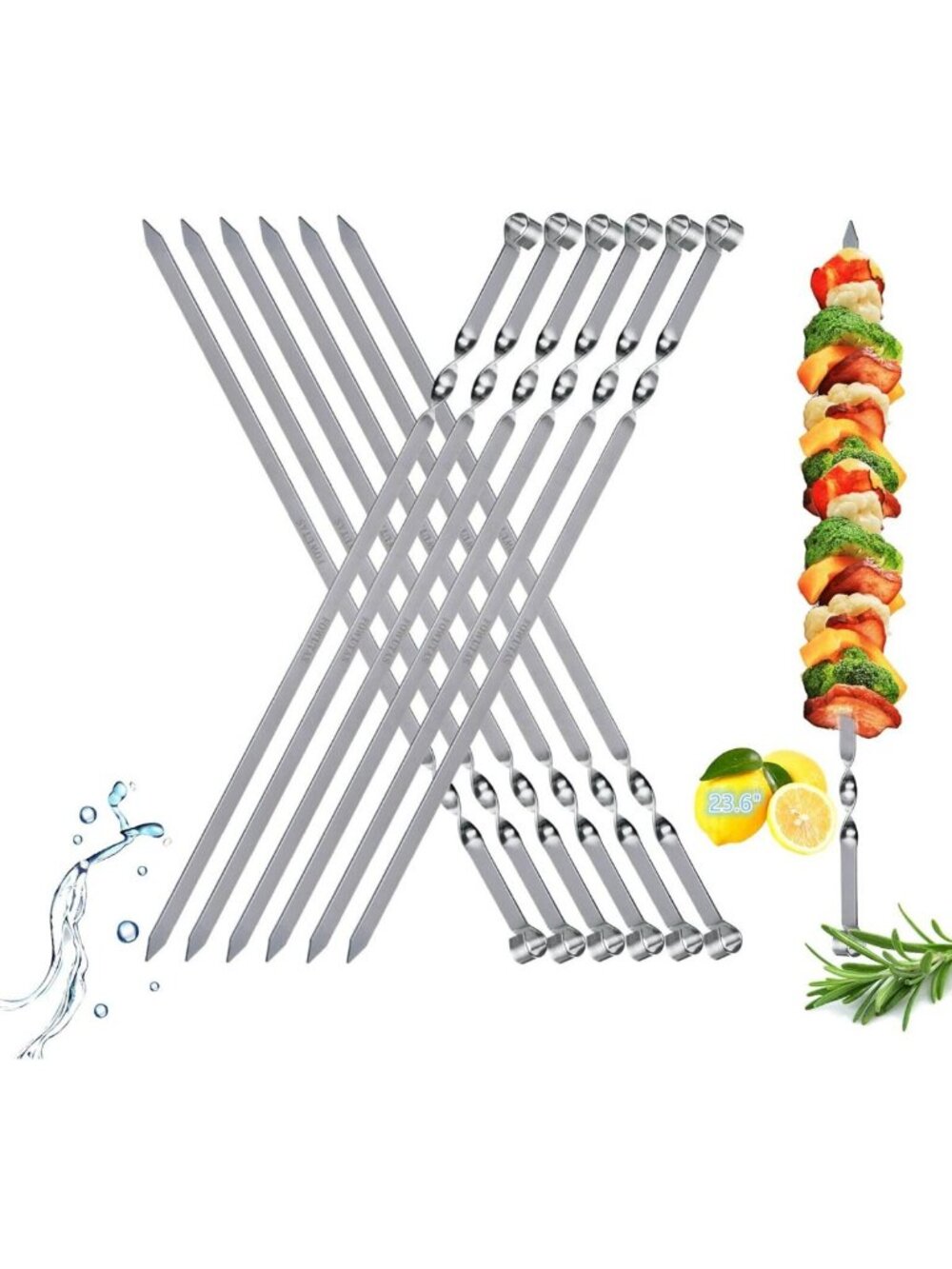 23.6” Stainless Steel Skewers for Grilling, BBQ Kabobs, Meat & Veggies